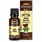 Flacon et boîte de granules Bon élève bio Biofloral pour enfants, fleurs de Bach authentiques, 19,5 g, sur fond blanc