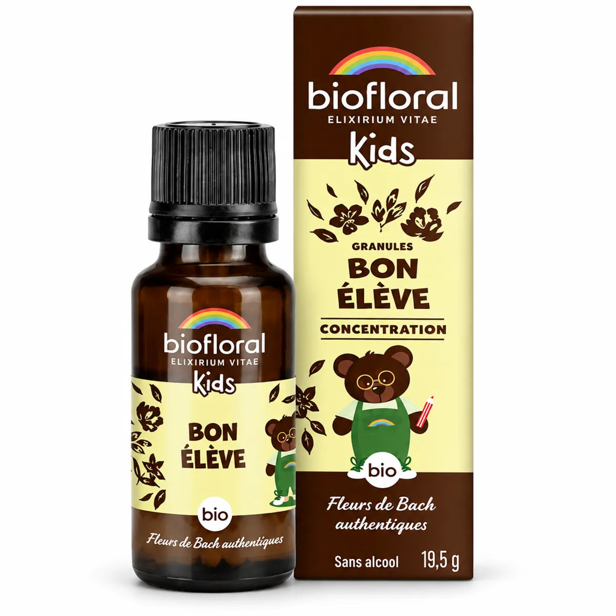 Flacon et boîte de granules Bon élève bio Biofloral pour enfants, fleurs de Bach authentiques, 19,5 g, sur fond blanc