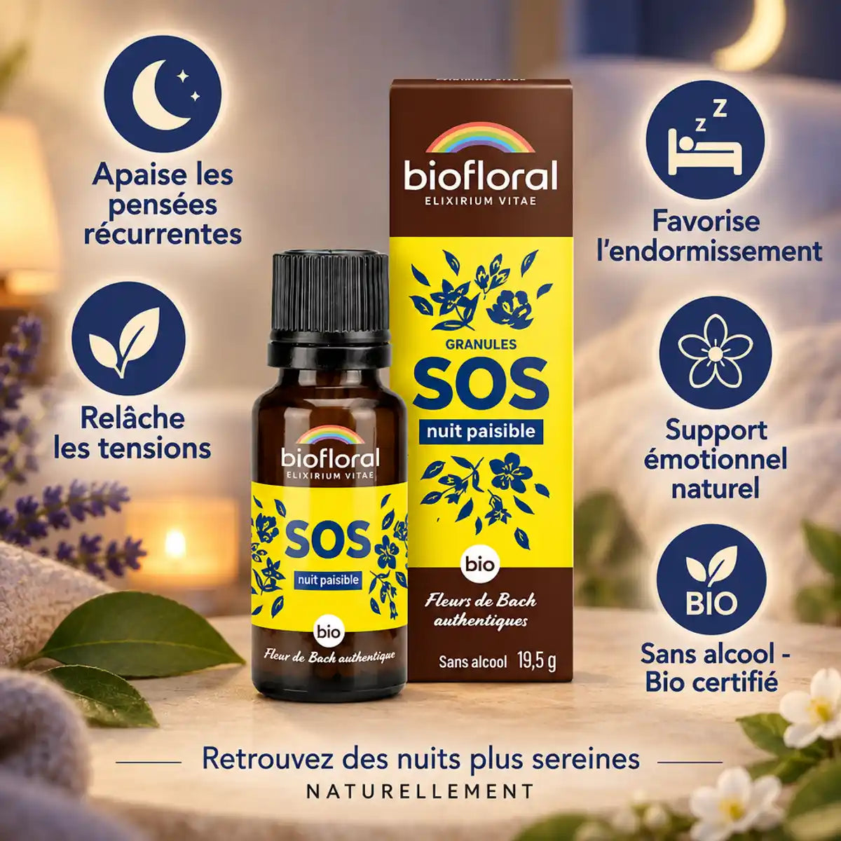 Granules Fleurs de Bach SOS Secours Nuit bio Biofloral avec bénéfices bien-être et sommeil naturel