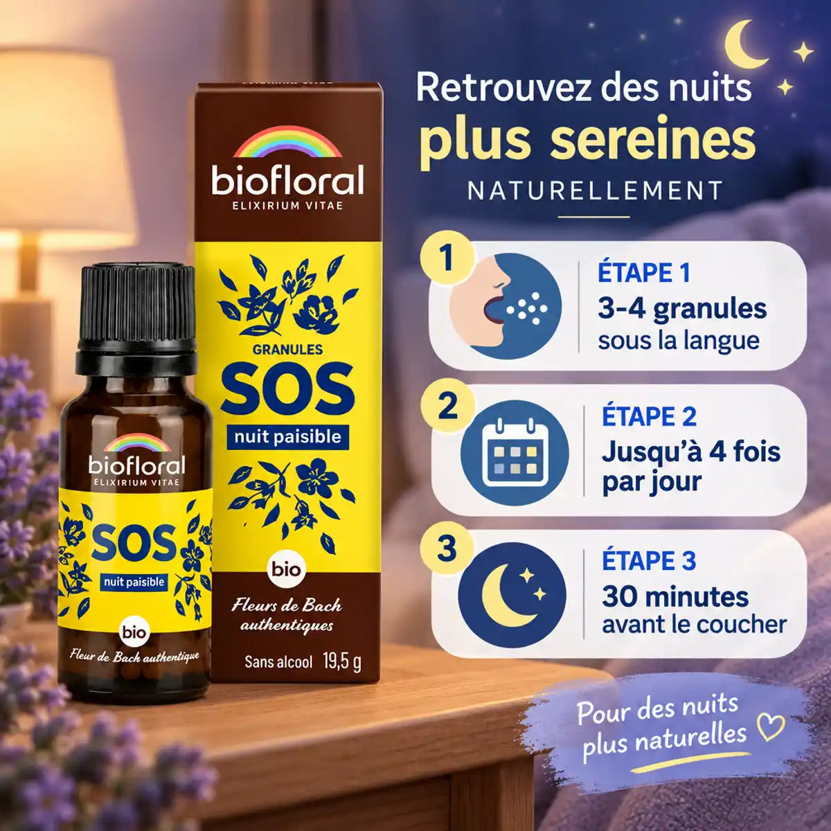 Granules Fleurs de Bach SOS Nuit Biofloral avec mode d'emploi et instructions d'utilisation