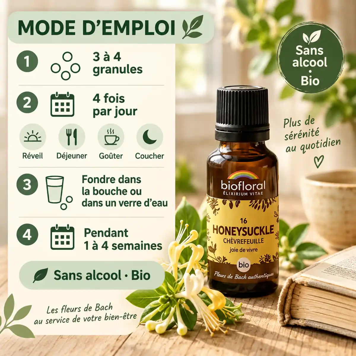 Granules Fleur de Bach n°16 Honeysuckle Chèvrefeuille bio Biofloral, flacon ambré avec mode d'emploi en 4 étapes