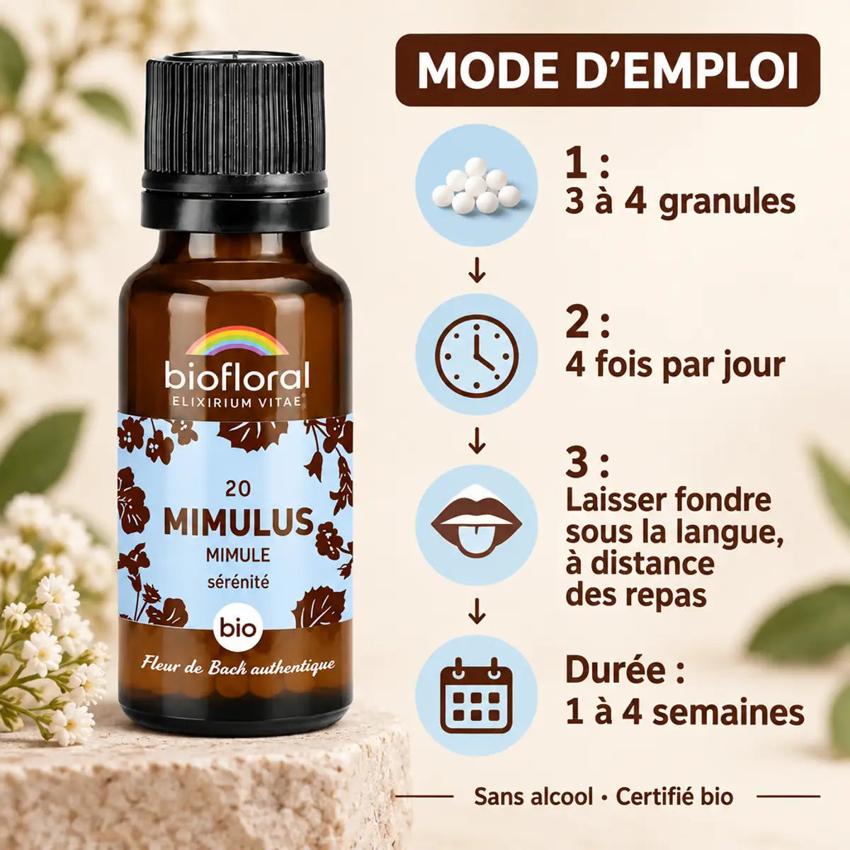 Granules Fleur de Bach Mimulus n°20 bio Biofloral avec mode d'emploi : 3 à 4 granules, 4 fois par jour, sous la langue