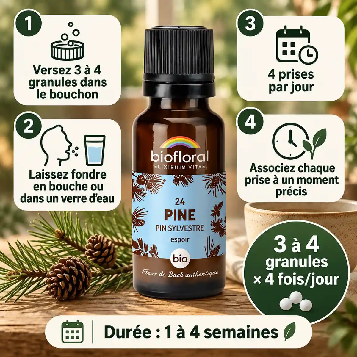 Granules Fleur de Bach n°24 Pine bio Biofloral avec flacon ambré, pommes de pin et mode d'emploi en 4 étapes