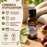 Granules Fleur de Bach Red Chestnut n°25 bio, flacon ambré avec marronnier rouge, feuille et marrons, mode d'emploi en 4 étapes