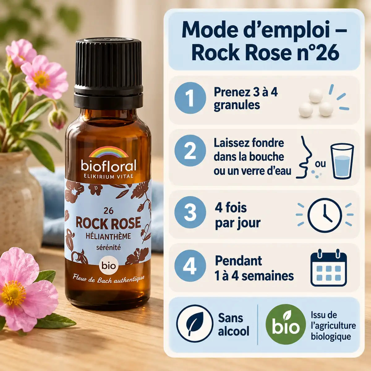 Mode d'emploi des granules Fleur de Bach Rock Rose n°26 bio Biofloral, flacon ambré, fleur d'hélianthème et étapes de prise
