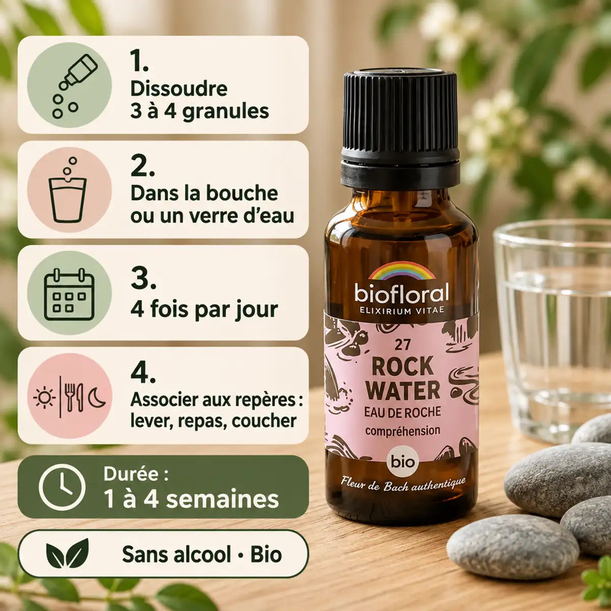 Granules Fleur de Bach n°27 Rock Water (eau de roche) bio Biofloral, flacon ambre et guide d'utilisation