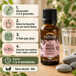 Granules Fleur de Bach n°27 Rock Water (eau de roche) bio Biofloral, flacon ambre et guide d'utilisation