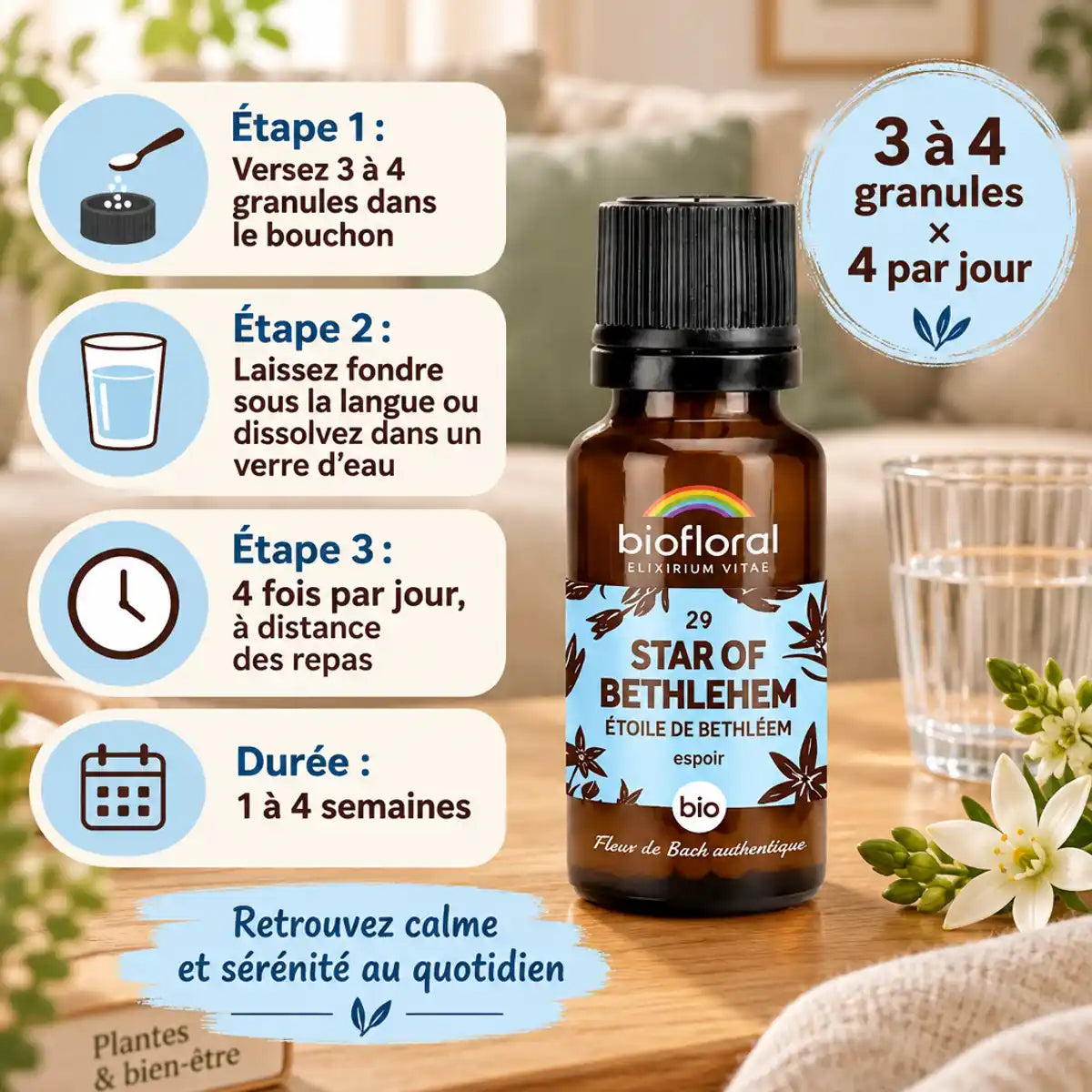 Flacon Granules Fleur de Bach n°29 Étoile de Bethléem bio Biofloral avec guide d'utilisation en 3 étapes