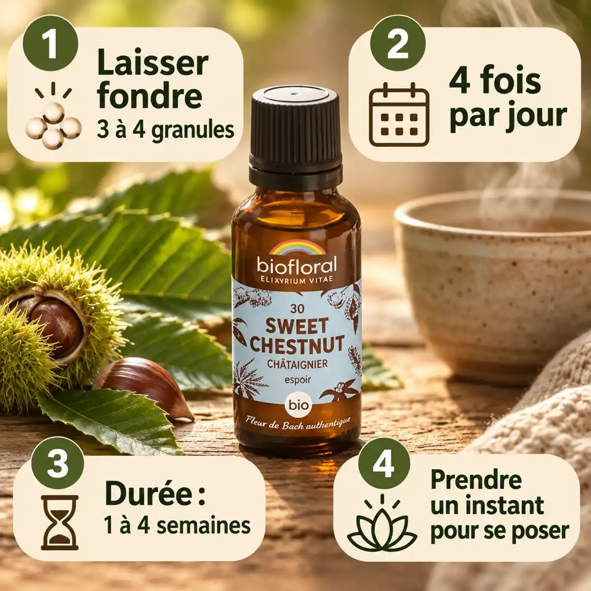 Granules Fleur de Bach n°30 Sweet Chestnut Châtaignier bio Biofloral, flacon ambre et feuilles de châtaignier