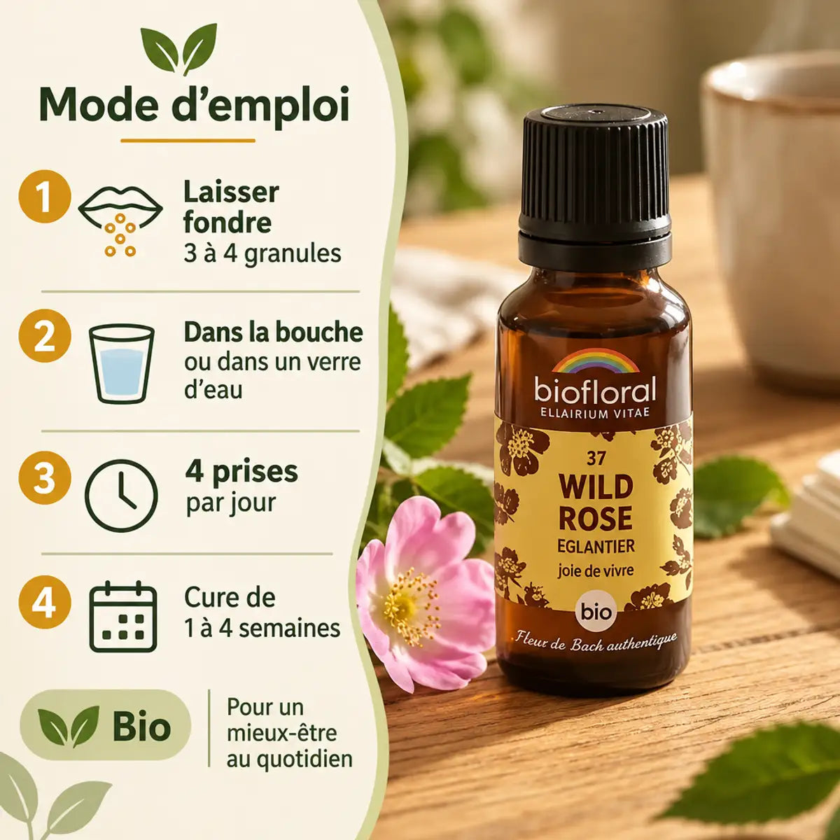 Granules Fleur de Bach n°37 Wild Rose (Églantier) bio Biofloral, flacon ambré et guide d'utilisation en 4 étapes sur fond bois
