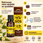 Granules Fleurs de Bach SOS Jour Biofloral 19,5 g : flacon et boîte avec guide en 4 étapes sur fond crème