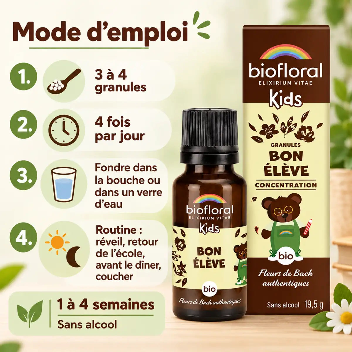 Granules Petit tourbillon bio Biofloral pour enfants, fleurs de Bach, avec mode d'emploi : 3 à 4 granules, 4 fois par jour
