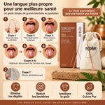 Gratte langue cuivre Arista Ayurveda avec guide d'utilisation illustré et bénéfices santé en 7 étapes