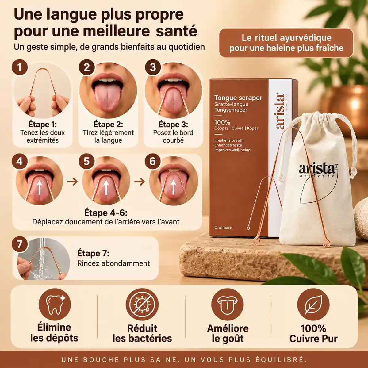 Gratte langue cuivre Arista Ayurveda avec guide d'utilisation illustré et bénéfices santé en 7 étapes