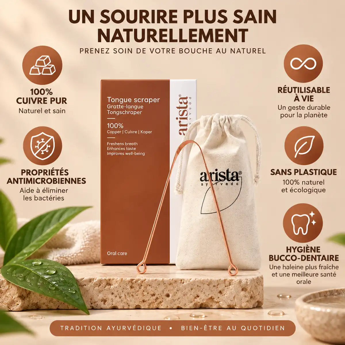 Gratte langue ayurvédique en cuivre pur Arista avec accessoires et infographie bien-être bucco-dentaire