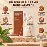 Gratte langue ayurvédique en cuivre pur Arista avec accessoires et infographie bien-être bucco-dentaire