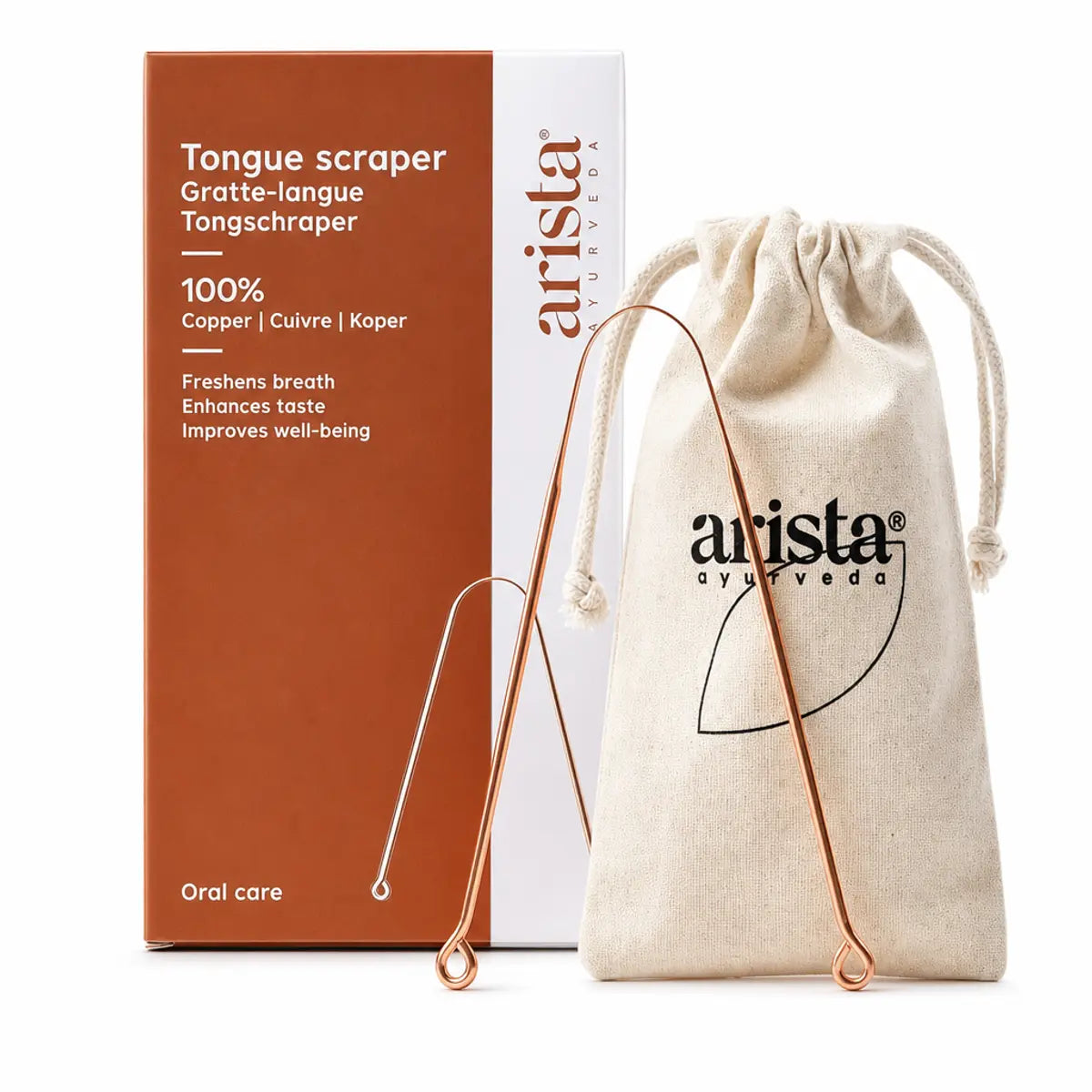 Gratte langue ayurvédique en cuivre Arista avec emballage et pochette coton beige