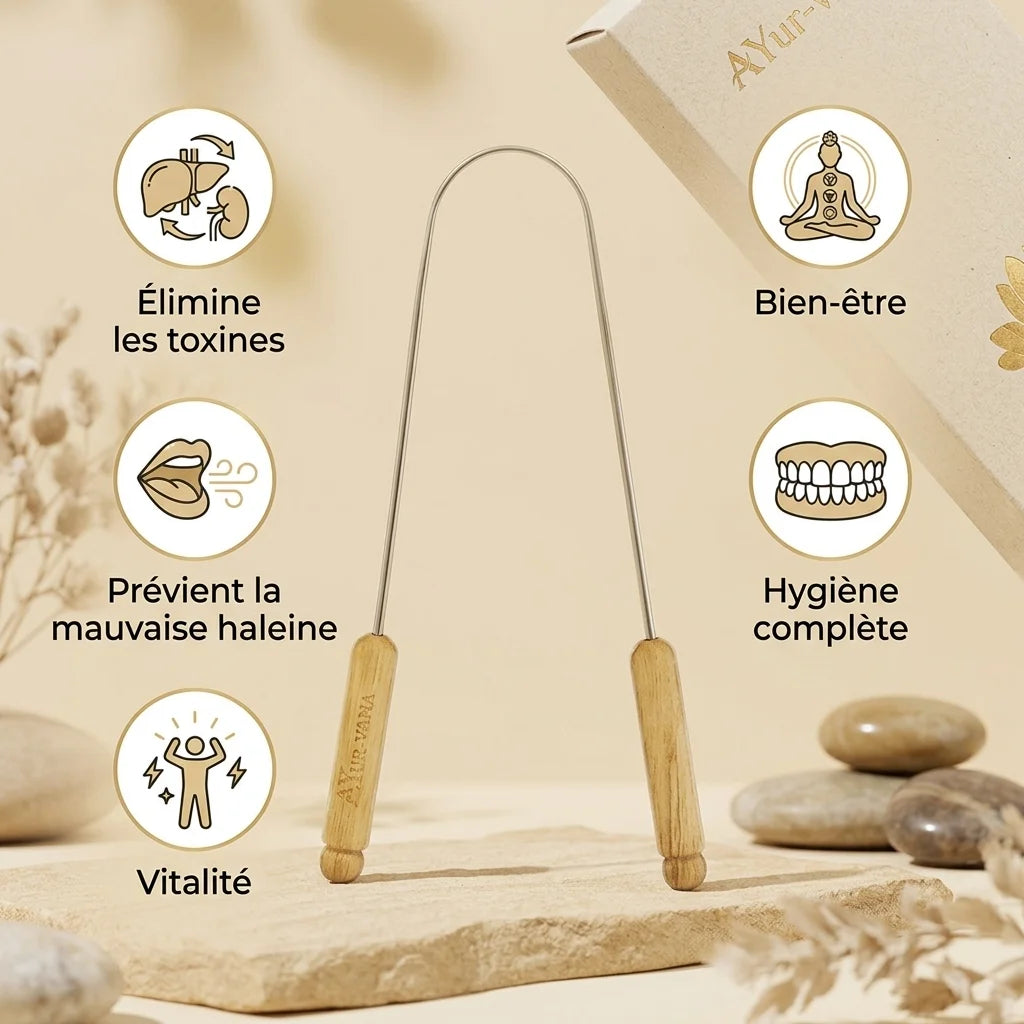 Gratte-langue réutilisable AYur-vana bois inox avec bénéfices bien-être et hygiène
