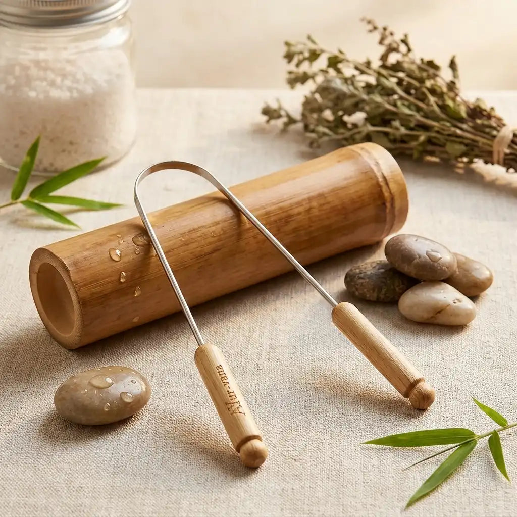 Gratte-langue réutilisable AYur-vana en bois et inox sur fond spa minimaliste