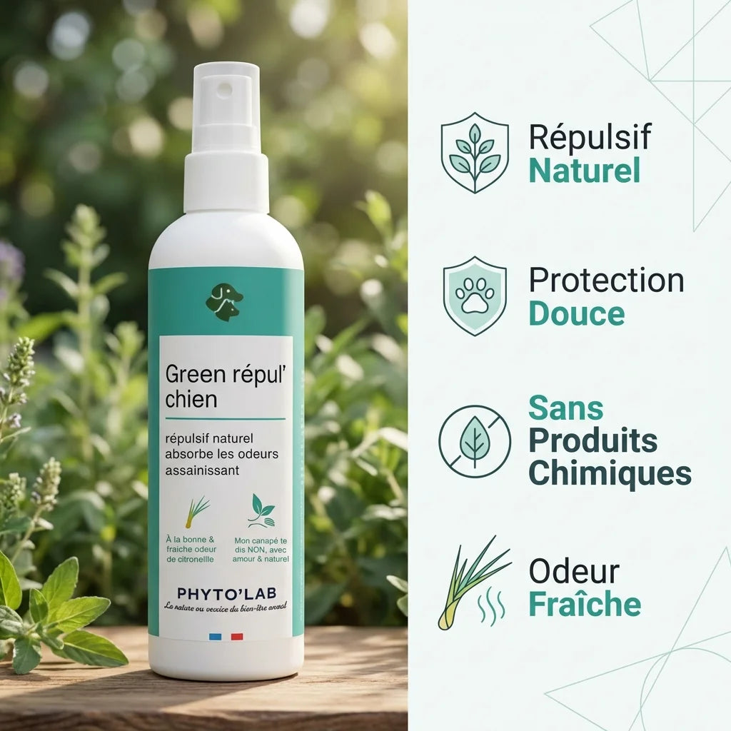 Spray répulsif naturel Green Repul' Chiens à la citronnelle 250ml avec infographie bénéfices