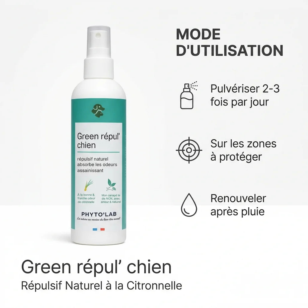 Green Repul' Chiens répulsif naturel citronnelle 250ml avec mode d'utilisation en infographie