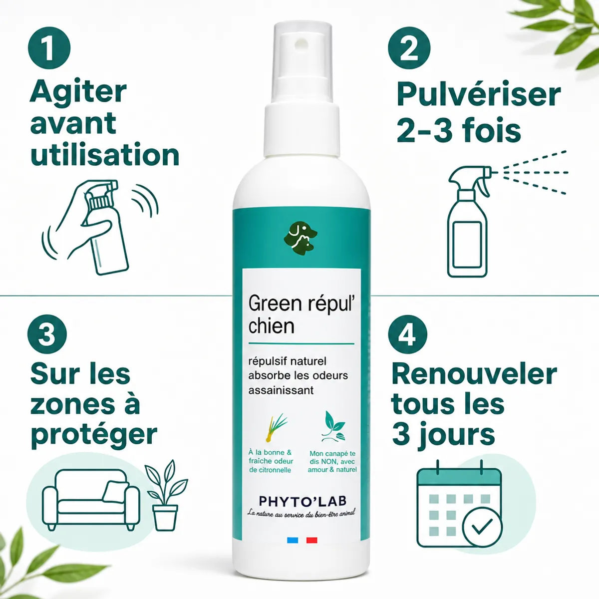 Green Repul' Chiens répulsif naturel citronnelle 250ml avec mode d'emploi application
