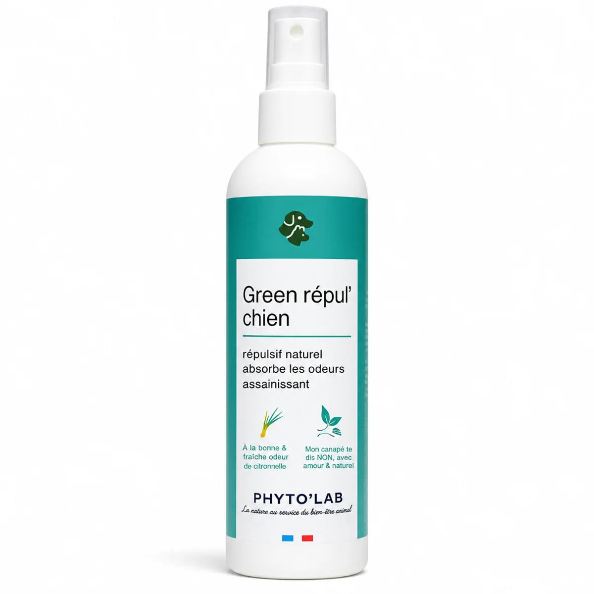 Spray répulsif naturel Green Repul' Chiens 250ml à la citronnelle de Phyto'Lab sur fond blanc