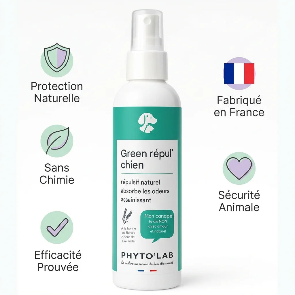 Green Repul' Chiens répulsif naturel lavande 250ml avec icônes bénéfices naturels et sécurité animale