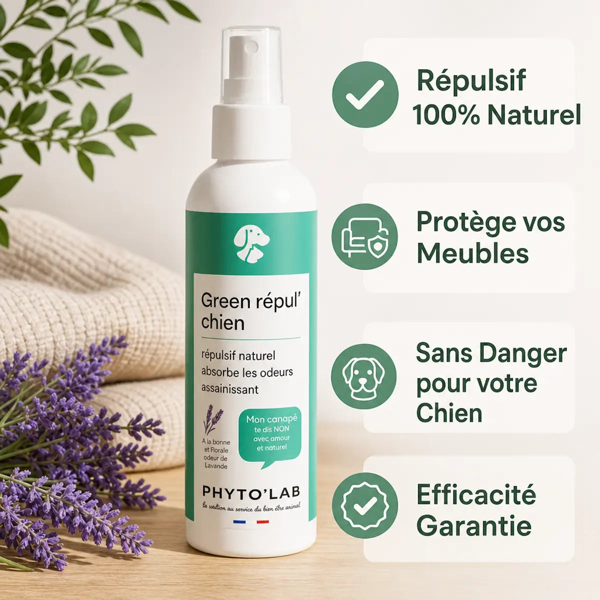 Green Repul' Chiens répulsif naturel lavande 250ml avec ses 4 bénéfices clés affichés