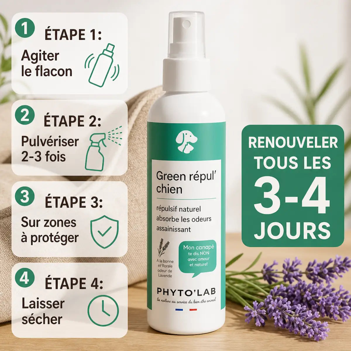 Spray répulsif naturel Green Repul' Chiens 250ml Phyto'Lab à la lavande avec guide d'utilisation