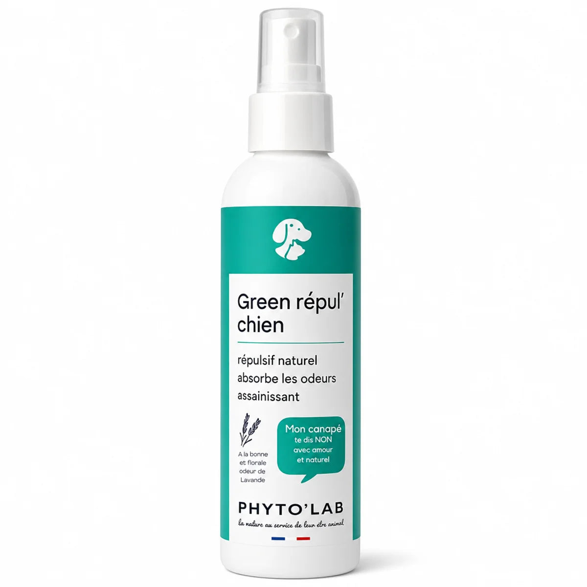 Spray répulsif naturel Green Repul' Chiens 250ml à la lavande Phyto'Lab sur fond blanc