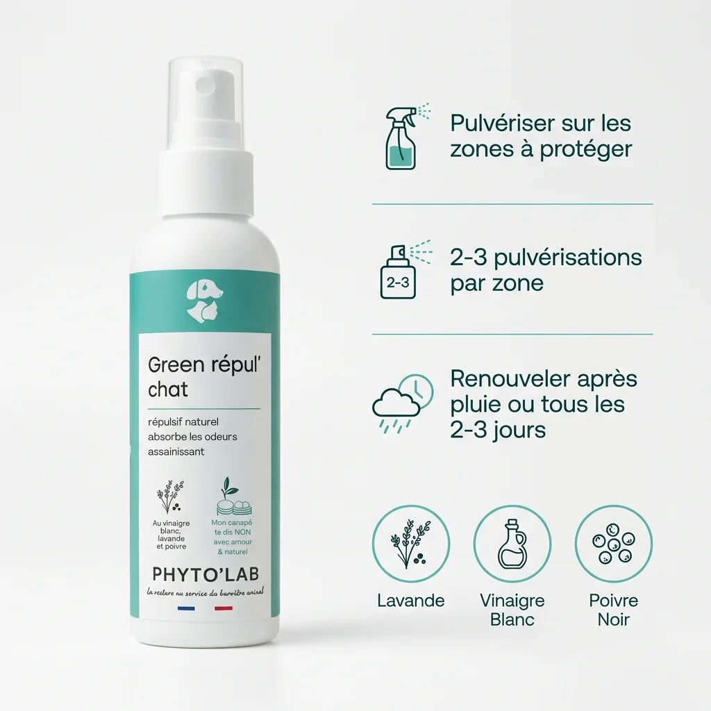 Green Repul' répulsif naturel chat 250ml avec guide d'utilisation et ingrédients Phyto'Lab