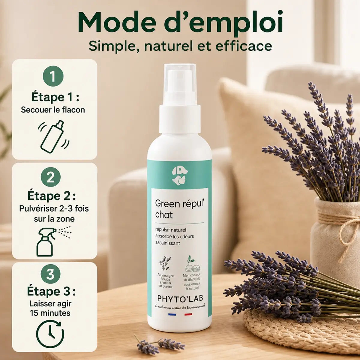 Flacon Green Repul' 250ml répulsif naturel chats avec instructions d'utilisation et lavande