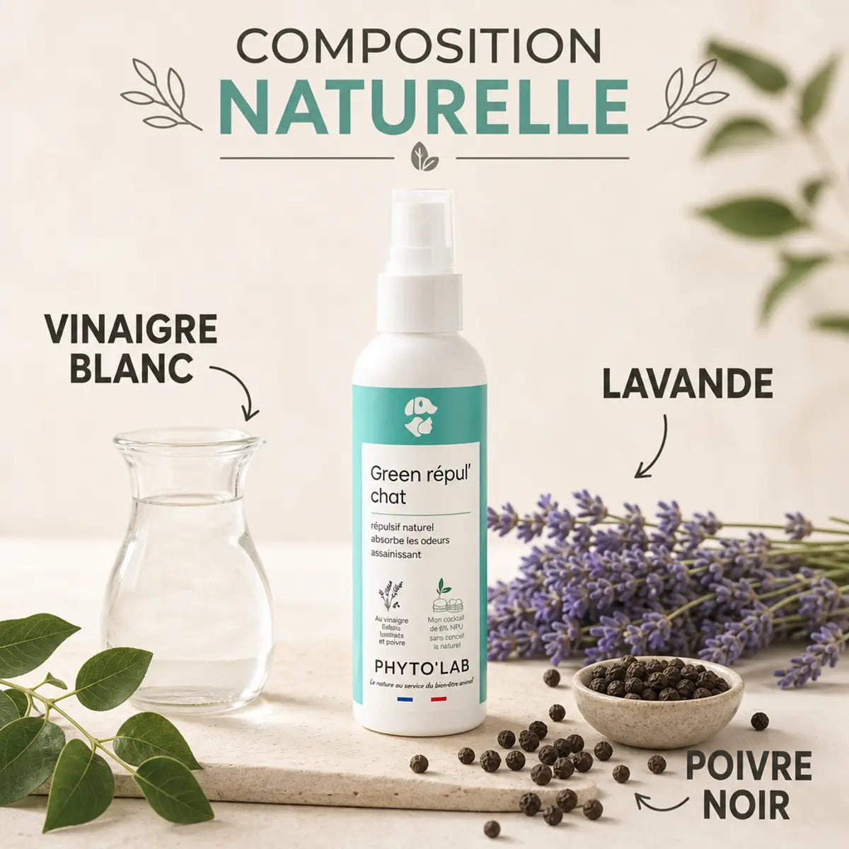 Spray répulsif naturel Green Repul' Chat 250ml avec ingrédients : vinaigre blanc, lavande et poivre noir