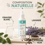 Spray répulsif naturel Green Repul' Chat 250ml avec ingrédients : vinaigre blanc, lavande et poivre noir