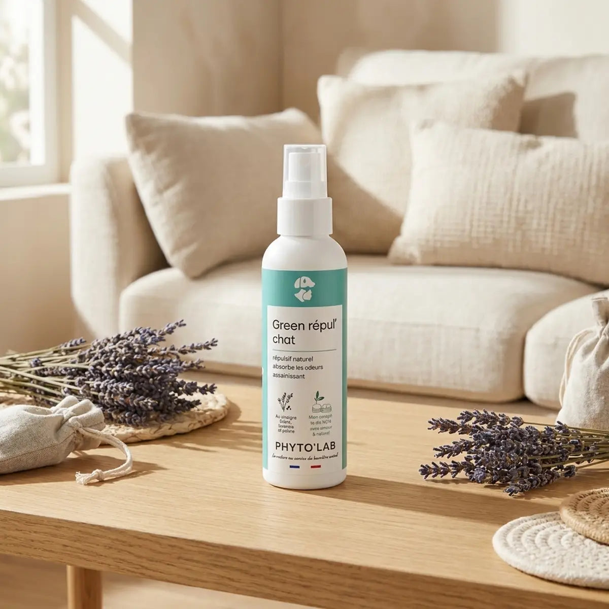 Green Repul' répulsif naturel chats 250ml sur surface bois avec lavande et décor intérieur