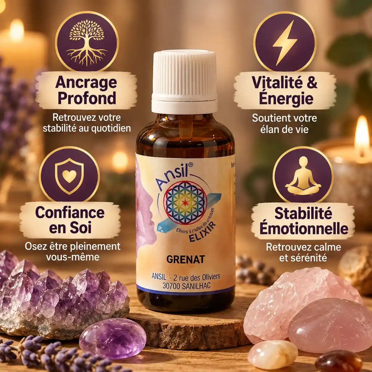 Grenat Elixir de cristal 30ml Ansil avec cristaux, bénéfices bien-être et ancrage profond