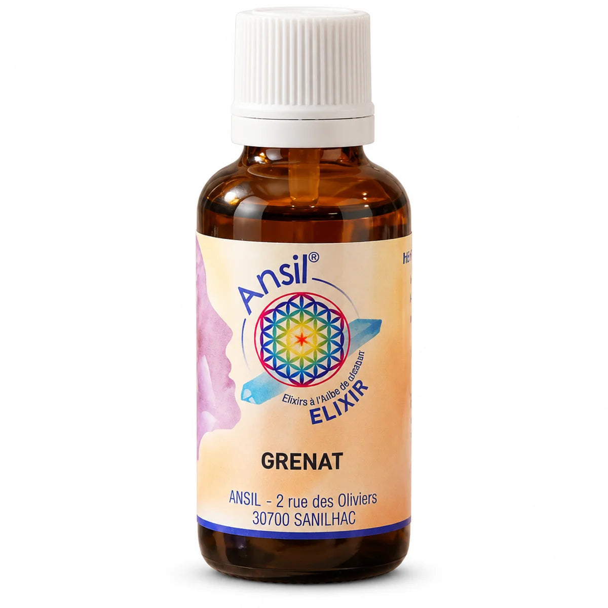 Grenat Elixir de cristal 30 ml Ansil - Flacon en verre ambré avec étiquette rose