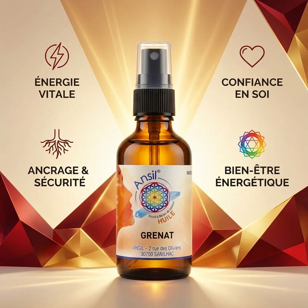 Huile de cristal Grenat Ansil 50ml avec bénéfices énergétiques - ancrage, confiance, vitalité