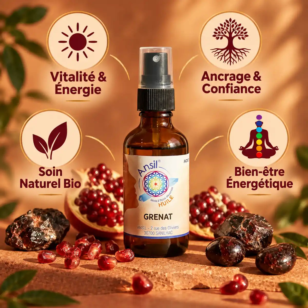 Huile de cristal Grenat Ansil 50ml - Vitalité, ancrage et bien-être énergétique naturel