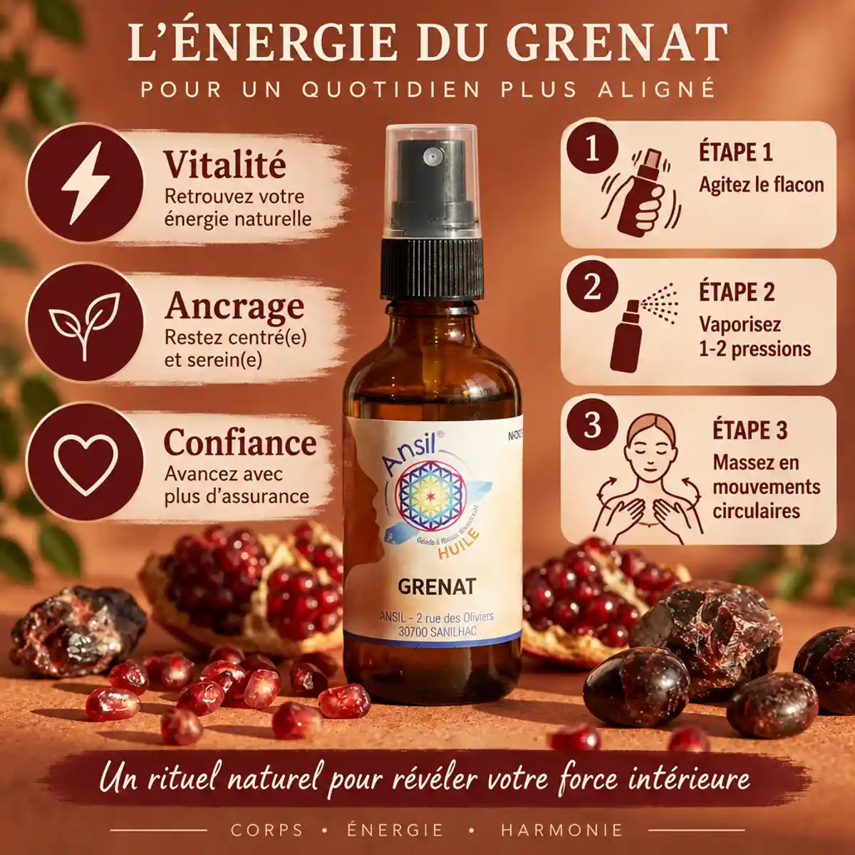 Huile de cristal Grenat Ansil 50ml avec guide d'utilisation et bénéfices vitalité ancrage confiance