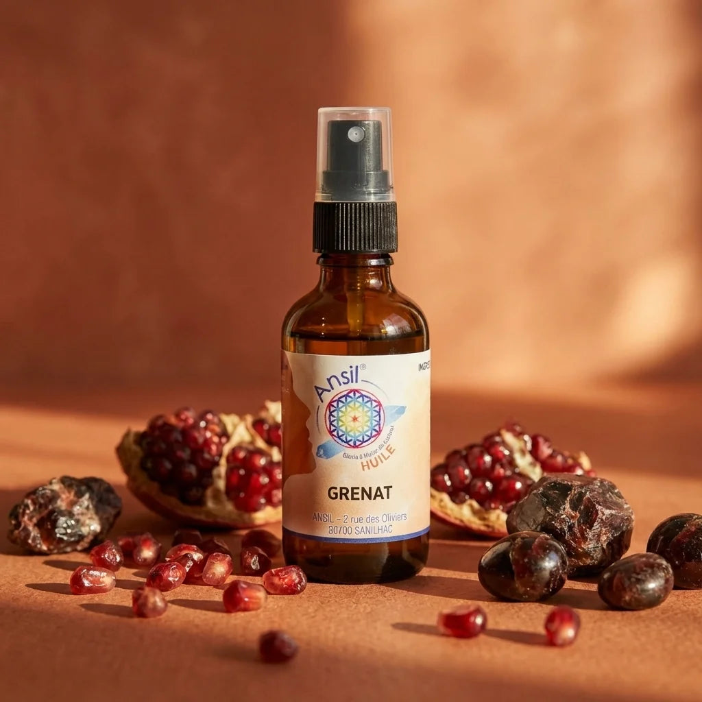 Huile de cristal Grenat Ansil 50ml en flacon spray avec cristaux et graines de grenade
