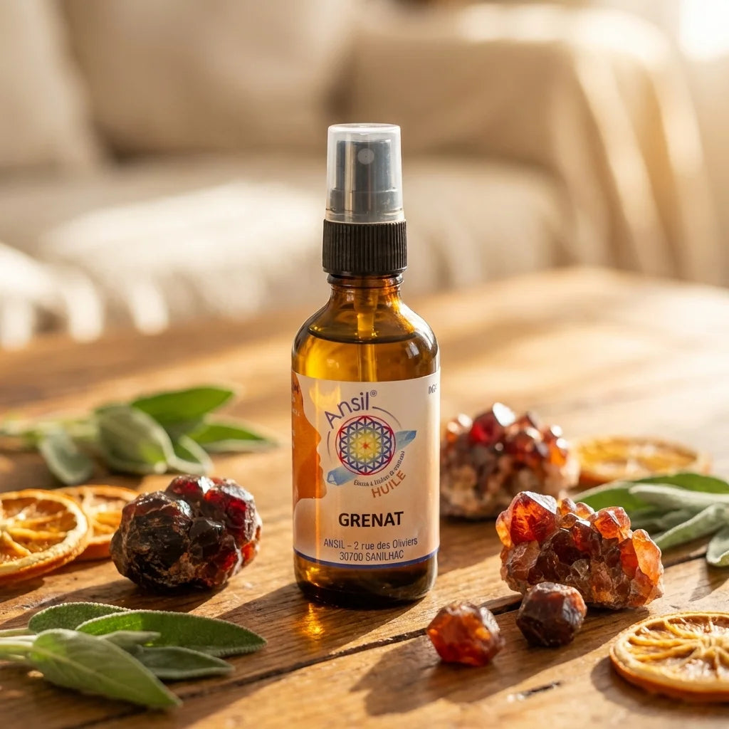 Huile de cristal Grenat Ansil 50ml avec grenat naturel et feuilles de sauge