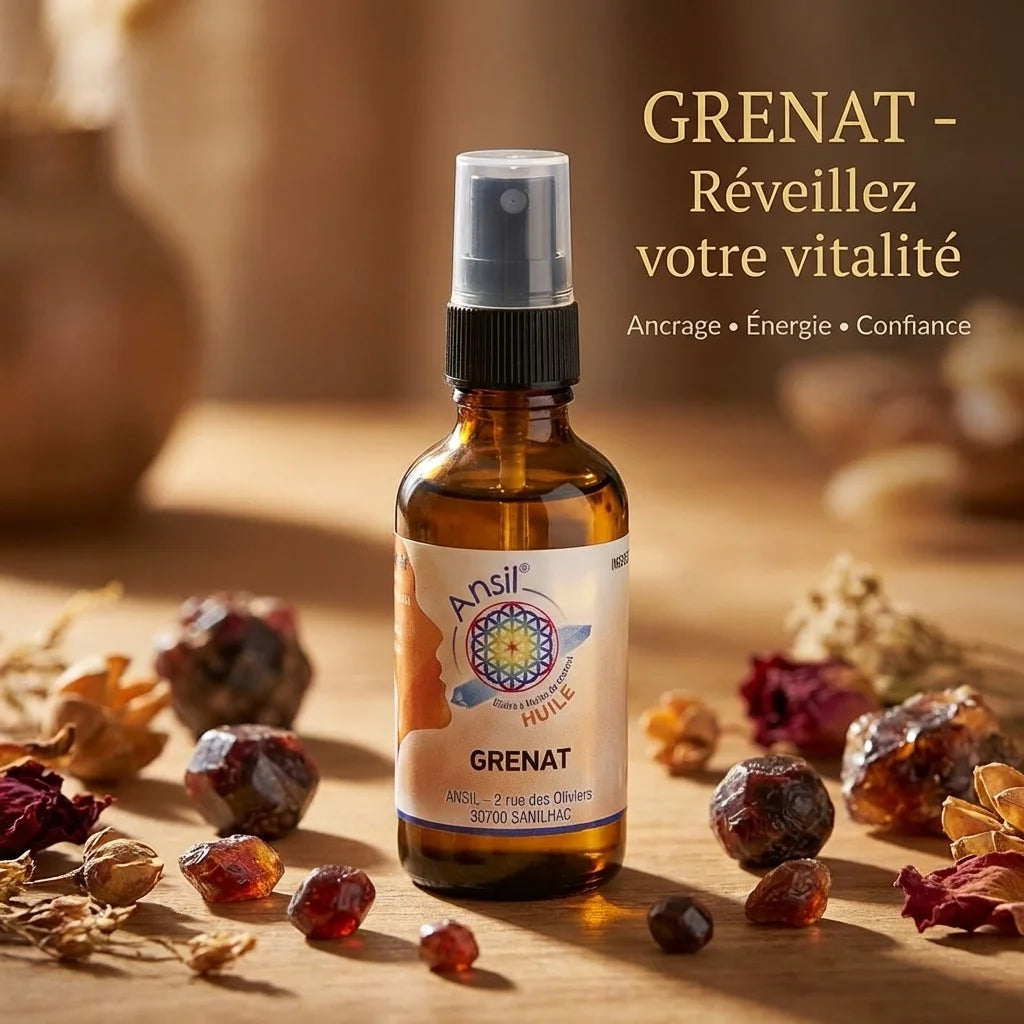 Huile de cristal Grenat Ansil 50ml avec cristaux de grenat sur surface en bois