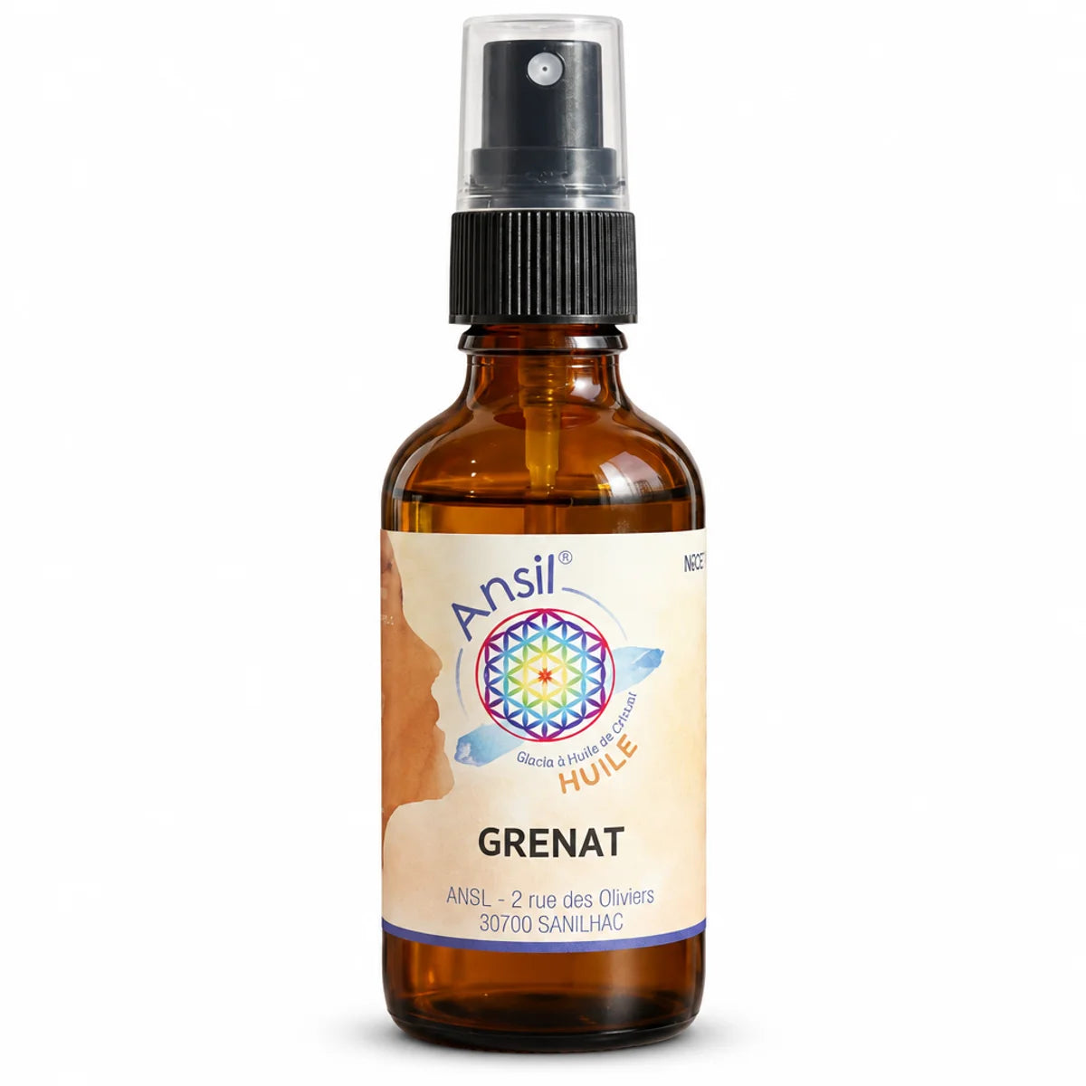 Grenat huile de cristal Ansil 50ml flacon verre ambré avec pompe noire