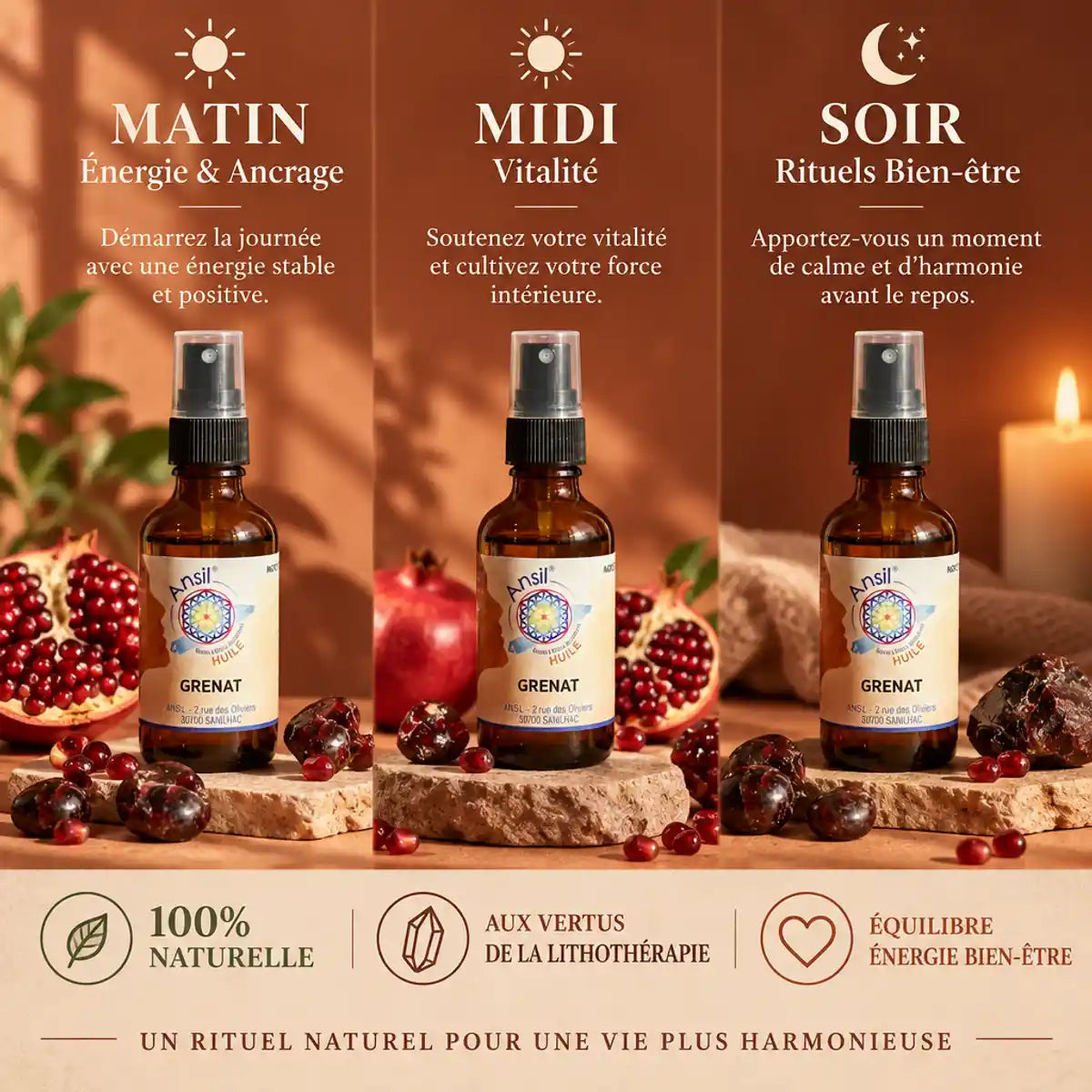 Huile Grenat Ansil 50ml rituels bien-être matin midi soir avec pierres de grenat