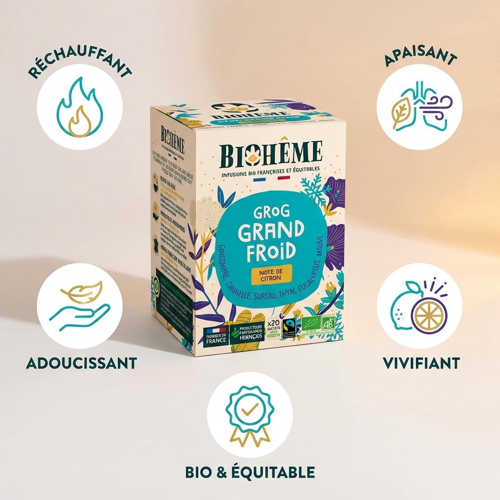 Boîte Grog grand froid Biohême 20 infusettes bio avec icônes bénéfices réchauffant apaisant vivifiant