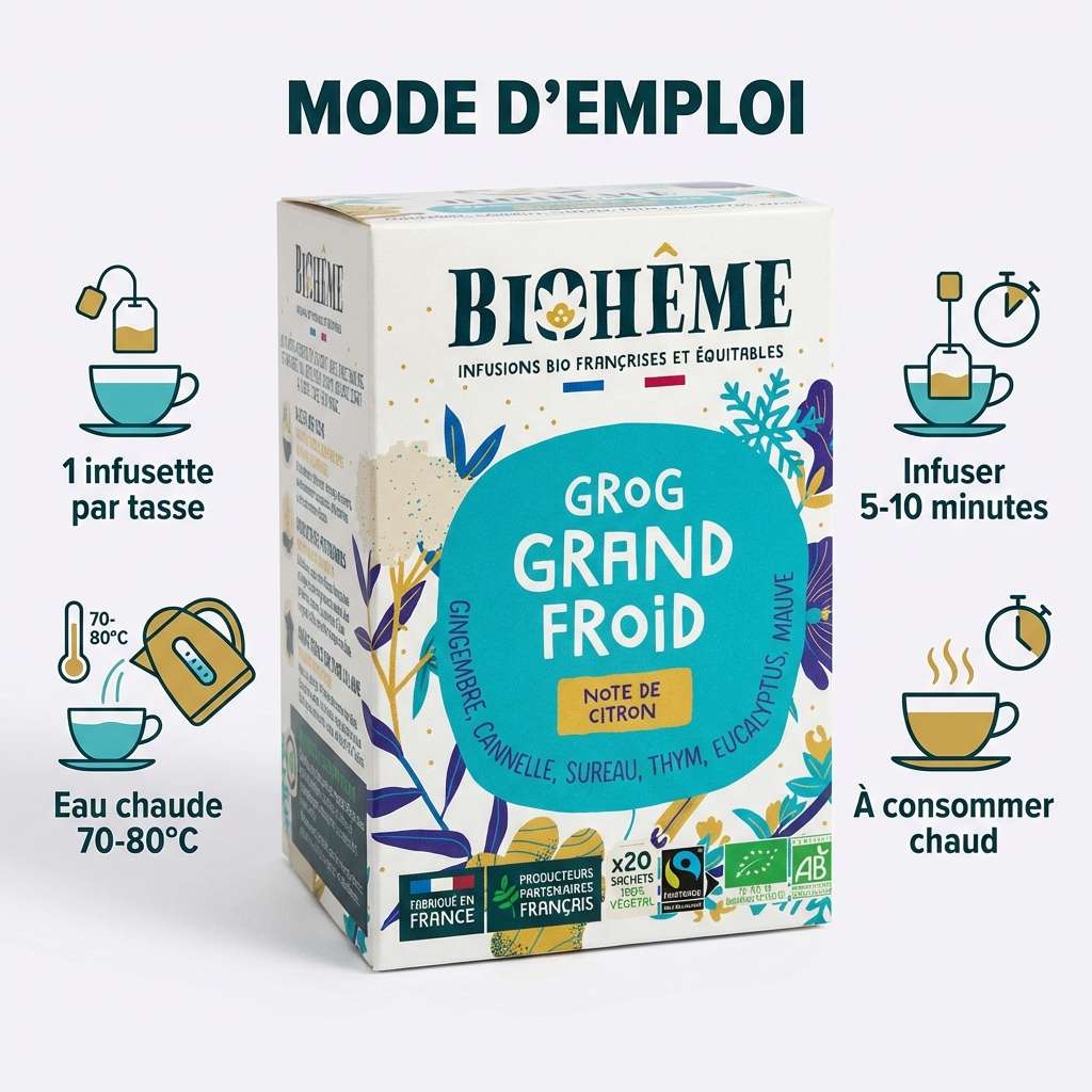 Grog grand froid Biohême 20 infusettes avec mode d'emploi: 1 infusette, eau 70-80°C, infuser 5-10 minutes