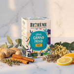 Boîte Biohême Grog Grand Froid infusettes avec gingembre, cannelle, thym et eucalyptus sur marbre blanc