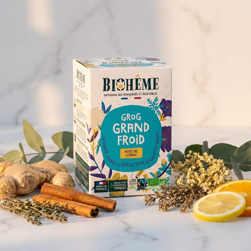 Boîte Biohême Grog Grand Froid infusettes avec gingembre, cannelle, thym et eucalyptus sur marbre blanc